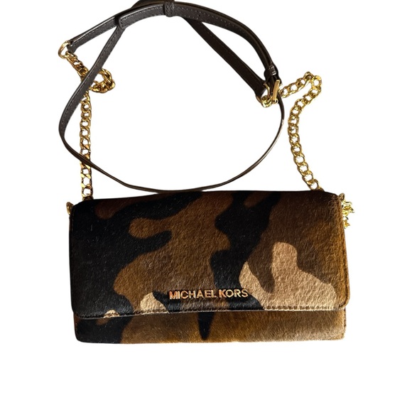 Michael Kors Brown and Tan Calf Hair Camouflage Convertible Crossbody Bag - Picture 1 of 16